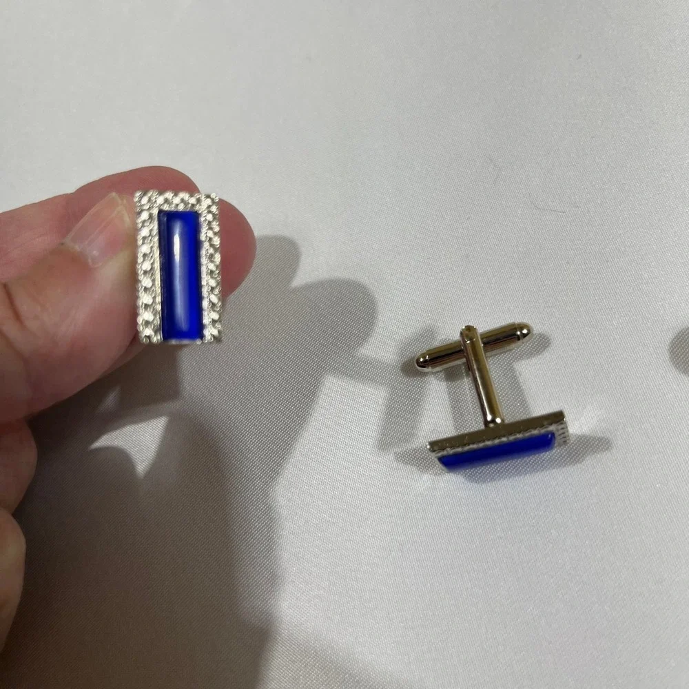 Cufflinks and Studs Set Blue Silver Tone Formal Textured